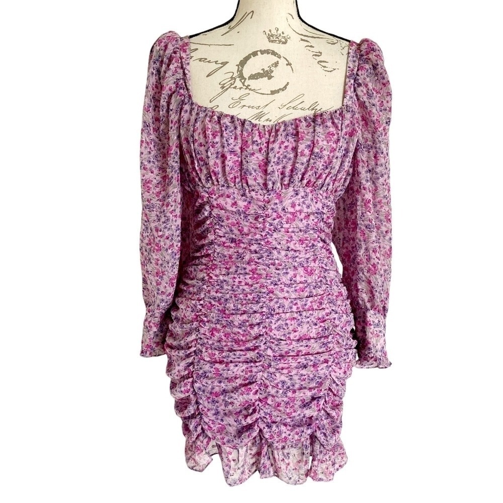 Zara Milkmaid floral Pink Mini Dress M Puff Sleeve Ruched Cottage Coquette